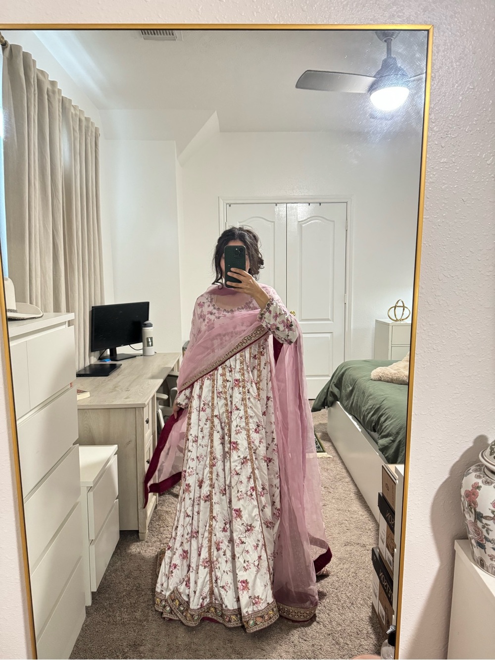 Anarkali with white flared pants and pink dupatta